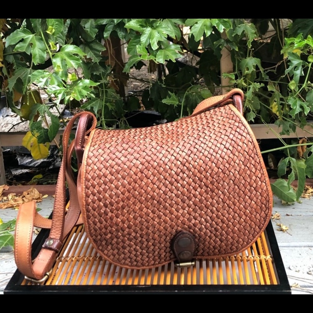 Distressed Italian woven leather saddle bag